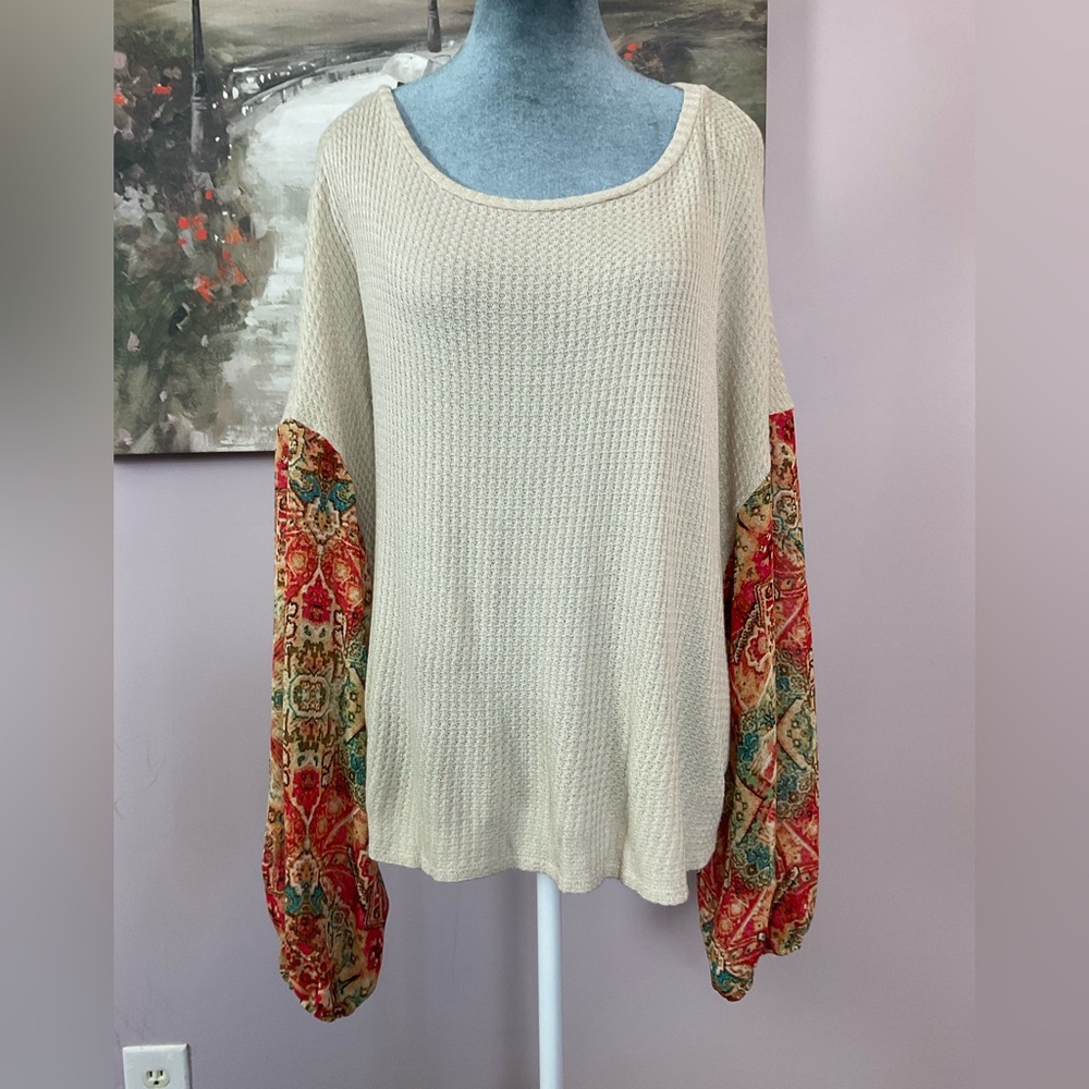 Aura Textured Knit Cream Sweater with decorative sleeves